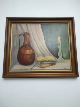 Cuadro Bodegón Óleo Jarrón Libros