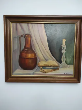 Cuadro Bodegón Óleo Jarrón Libros