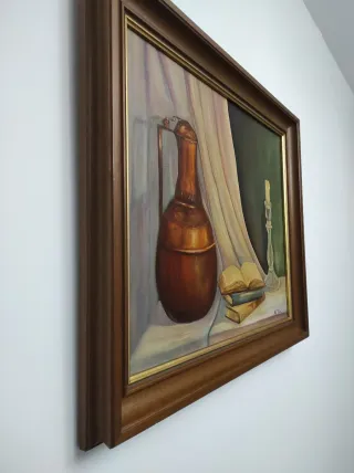 Cuadro Bodegón Óleo Jarrón Libros