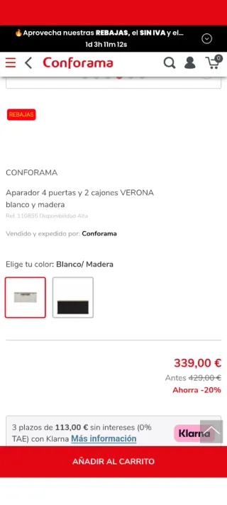 Aparador Verona Conforama 4 puertas 2 cajones