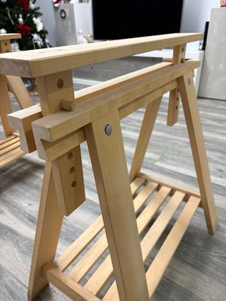 Mesa cristal 140x70 con caballetes madera