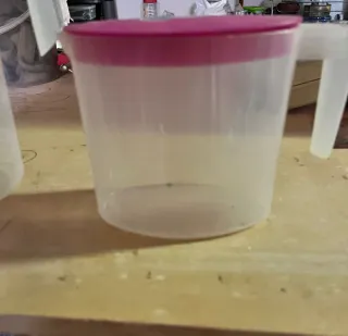 Jarras de plástico verdes y rosas