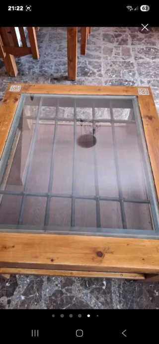 Mesa de centro madera, cristal y hierro