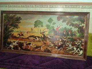 Cuadro de caza con perros y caballos