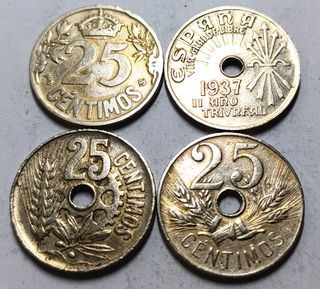 Lote 4 monedas 25 cent. España 1925-1937