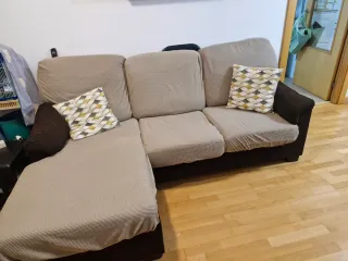 Sofá cheslong 3 plazas tela marrón
