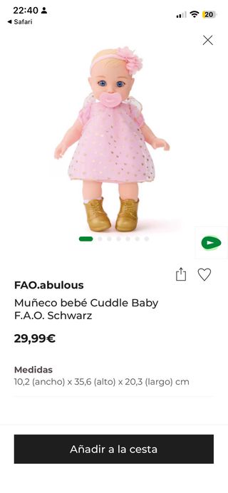 Muñeca Cuddle Baby FAO Schwarz 35cm. Nueva