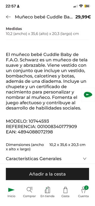 Muñeca Cuddle Baby FAO Schwarz 35cm. Nueva