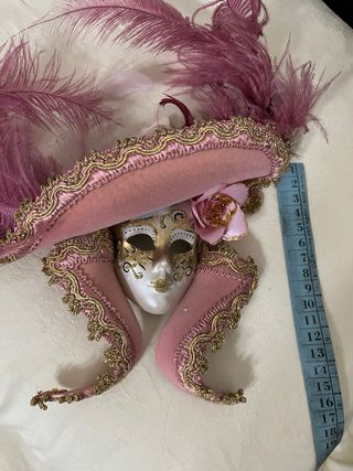 Maschera Veneziana Carnevale Piume Rosa Oro