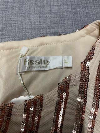 Vestido fiesta lentejuelas beige y oro Talla L
