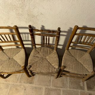 Conjunto 3 Sillas Vintage Costura Madera Y Yute