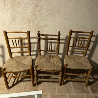 Conjunto 3 Sillas Vintage Costura Madera Y Yute