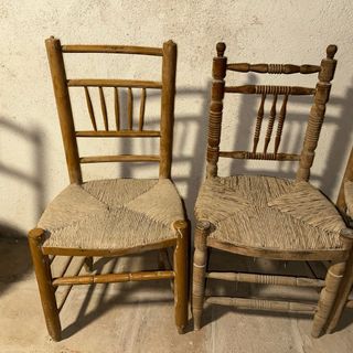 Conjunto 3 Sillas Vintage Costura Madera Y Yute