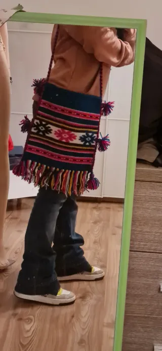 Borsa lana blu e rosa con frange