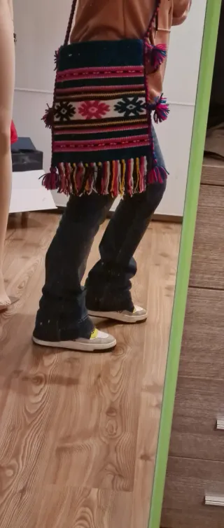 Borsa lana blu e rosa con frange