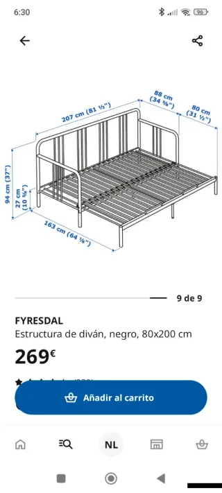 Diván Ikea FYRESDAL Negro Metal SOFÁ CAMA