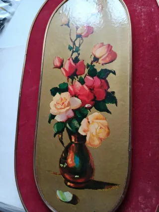 Cuadro Ovalado Jarrón Flores Vintage