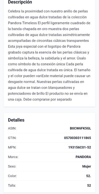 Anillo PANDORA Plata de Ley con Perla