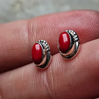 Pendientes Plata 925 Coral Rojo Ovalados