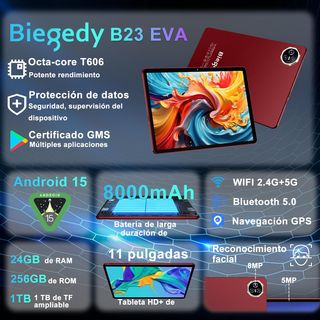 Tablet BIEGEDY 11" Android 15 24GB+256GB Roja