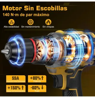 Taladro percutor 21V 140Nm sin escobillas. Nuevo