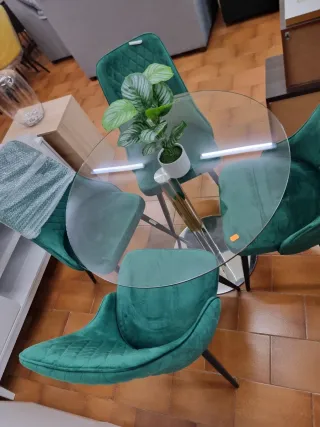 Mesa redonda cristal + 4 sillas terciopelo