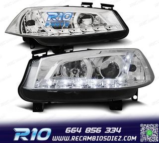 FAROS RENAULT MEGANE 02-05 LUZ DIURNA LED FONDO CROMO