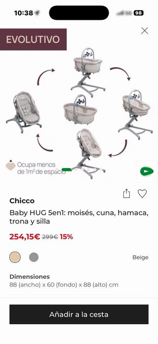 Cuna Chicco Baby Hug 4 en 1 Gris con colchón