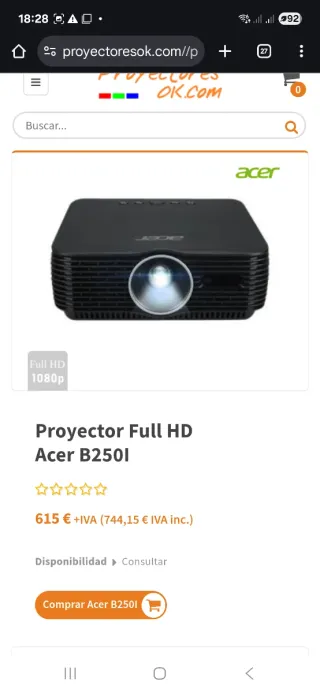 Proyector Acer Full HD B250I, con funda y mando