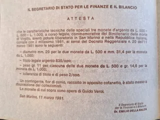 San Marino 3 Monete Argento 1981 Virgilio