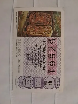 Lotería Nacional 21 Julio 1984 Billete