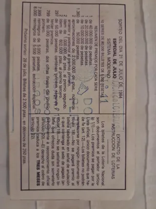 Lotería Nacional 21 Julio 1984 Billete