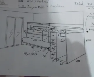 Cama alta con escritorio y almacenaje
