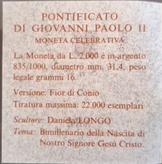 2000 Lire Vaticano Argento 2000 Nascita Gesù