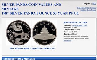 Moneda Panda 1987 Proof Plata 5oz