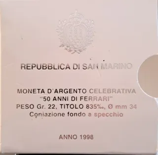 San Marino 10.000 Lire Argento 1998 Ferrari