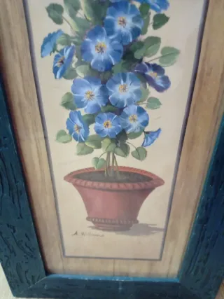 Cuadro Lámina Flores Azules Marco Madera