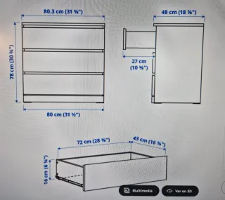 Cómoda IKEA 3 cajones madera y sobre de cristal