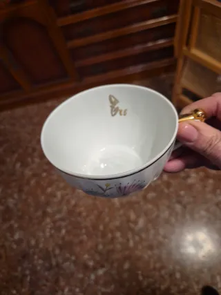 Juego de té porcelana Santa Clara. Floral dorado