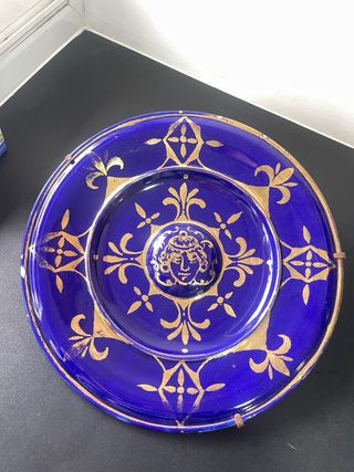 Plato Pared Vintage Azul y Dorado Rostro Clásico
