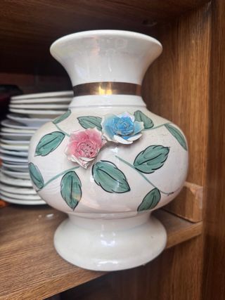 Jarrón Cerámica Flores Rosas y Azules