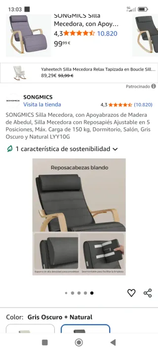Silla Mecedora SONGMICS Nueva Sin Abrir