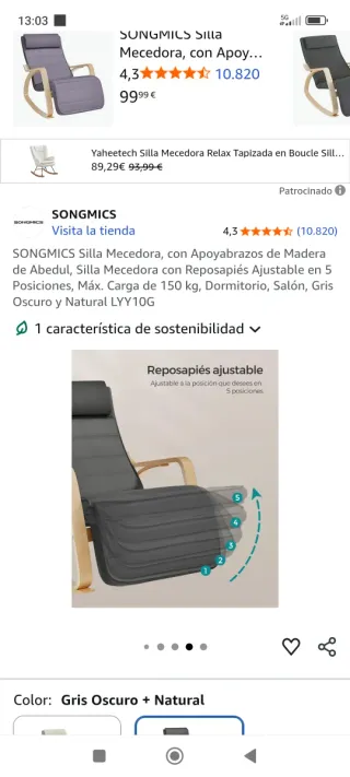 Silla Mecedora SONGMICS Nueva Sin Abrir