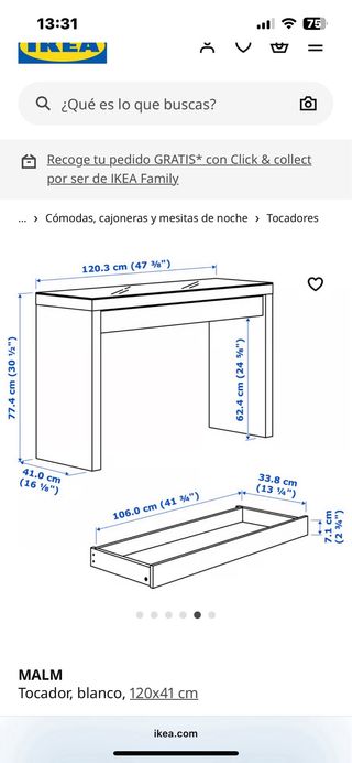 Tocador MALM blanco 120x41 cm