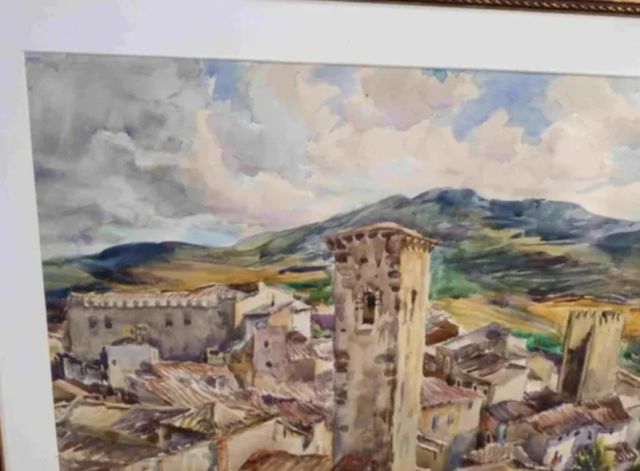 B.V.T. DAVIES (TARRAGONA) ACUARELA PUEBLO RURAL