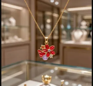 Collar Lirio Oro 18klt Chapado Flores Rojas