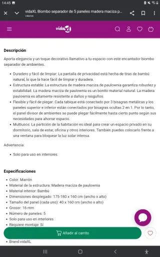 Biombo de madera maciza de paulownia y bambú