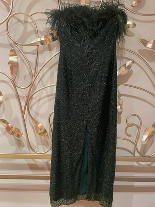 Vestido Rocio Osorno verde lentejuelas plumas