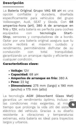 Batería Varta AGM VW 12V 68Ah 380A