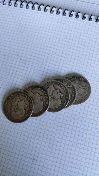 2 pesetas antiguas de plata lote 5 monedas